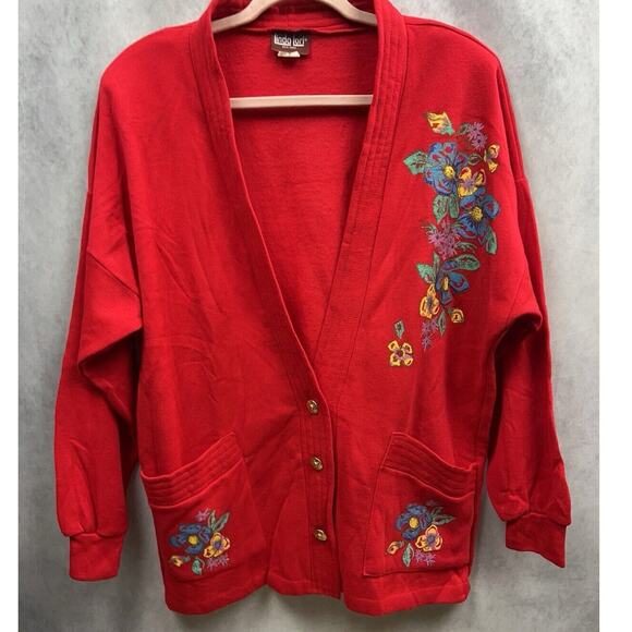 Vintage Linda Lori Women Floral Painted Red One Size Cardigan Sweater Rare - Picture 1 of 10